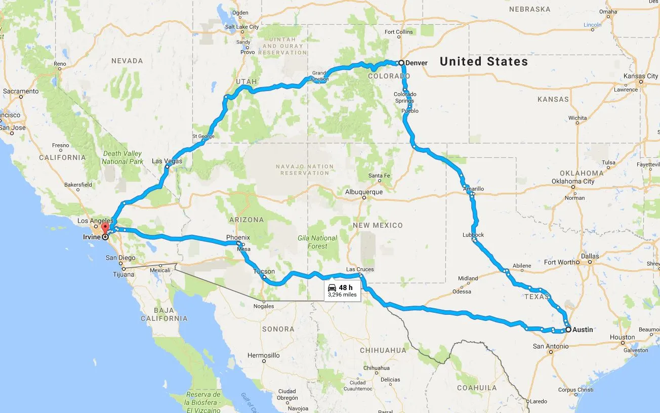 map directions going from irvine ca, to denver co, to austin tx and back